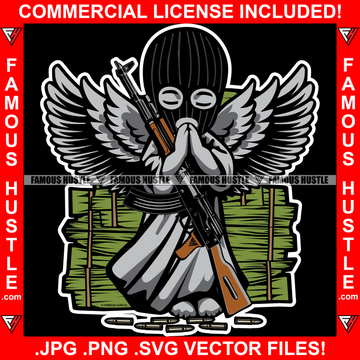 Gangster Angel Wings Wearing Ski Mask Praying Machine Gun Bullets Cash Money Stacks Hip Hop Rap Rapper Plug Trap Street Hood Ghetto Swag Thug Hustler Hustling Drip Famous Hustle Art Graphic Design Logo T-Shirt Print Printing JPG PNG SVG Vector Cut File
